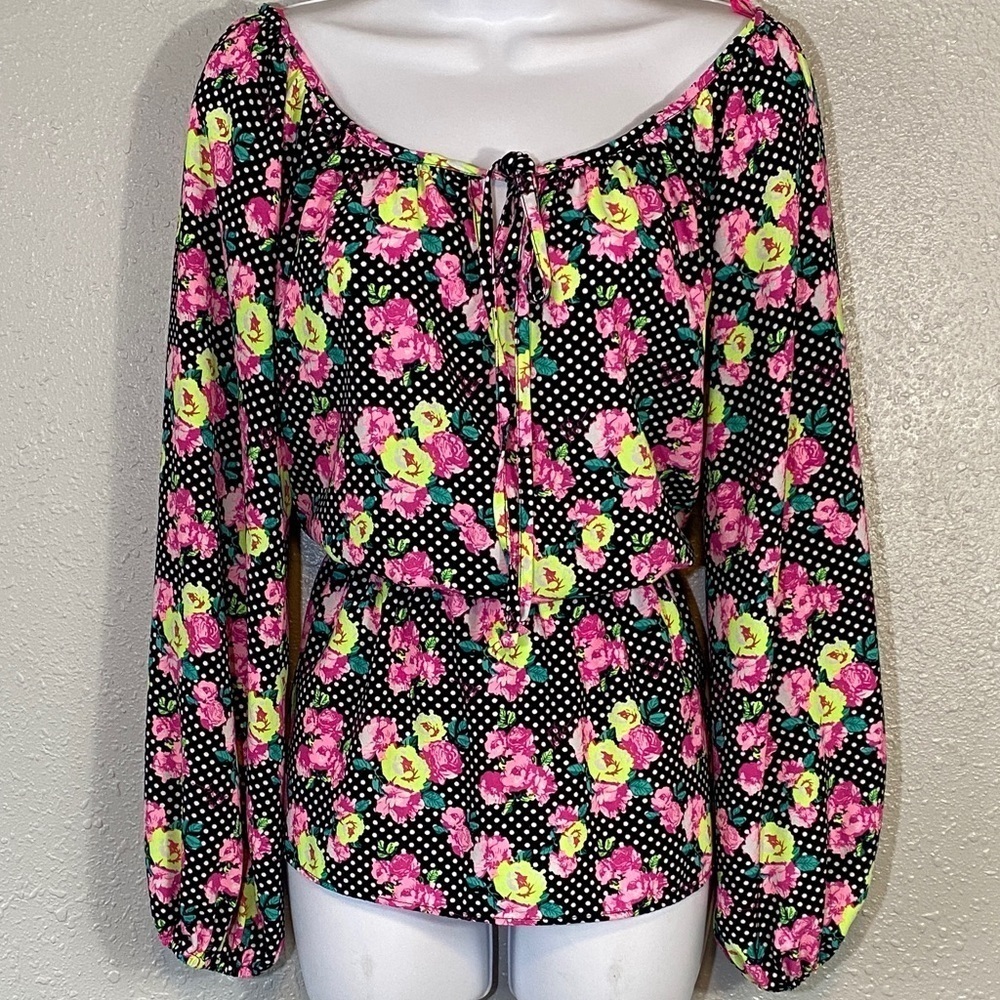 Betsy Johnson Polka Dot Floral Peplum Long Sleeve Blouse